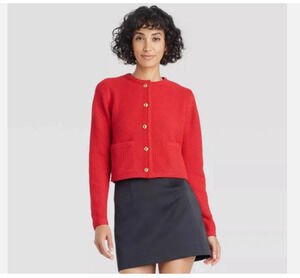 NEW~ A New Day Sz Medium Red Gold Button Sweater Cardigan Crew Pockets